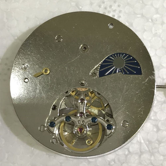 Asian watch accessory showcasing a multi-function tourbillon mechanical movement with moon phase and 24-hour indicators.