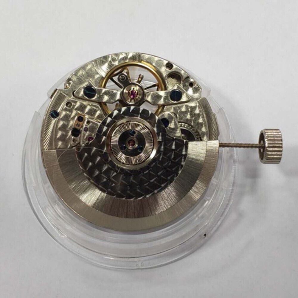 Seagull Tianjin ST2504 mechanical watch movement showing week at 2 o?clock, date at 10 o?clock.