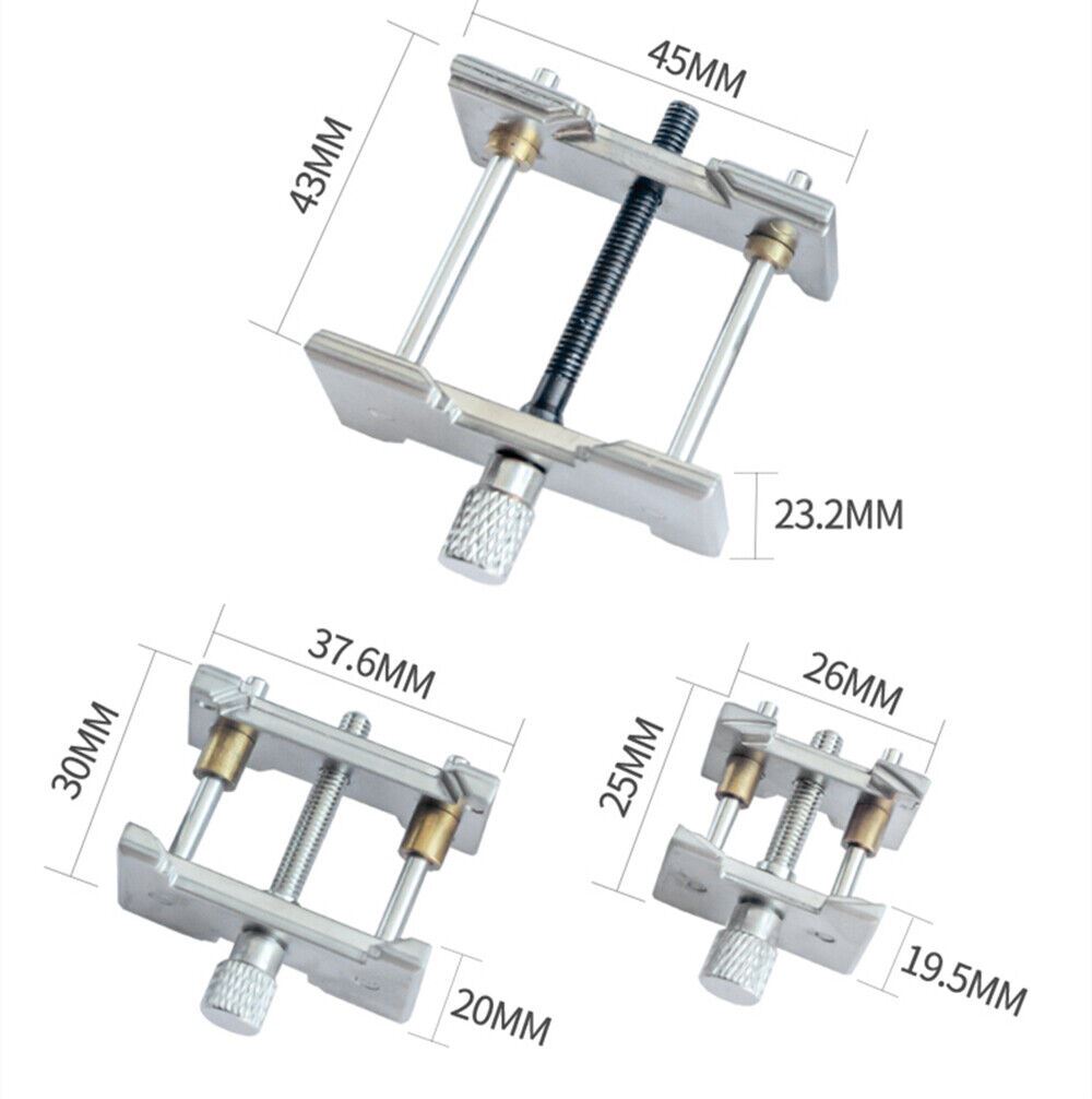 Multi-functional 3-in-1 alloy movement holder clamp, extensible and reversible for watch repair.