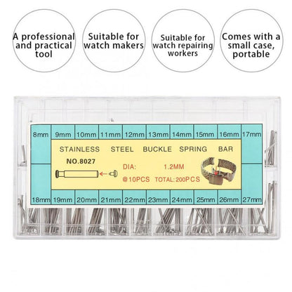 1. 200pcs 8-27mm spring bars for watch bands, durable pins for easy strap adjustments, Brand included.  