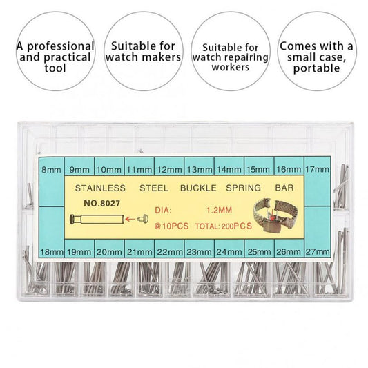 1. 200pcs 8-27mm spring bars for watch bands, durable pins for easy strap adjustments, Brand included.  