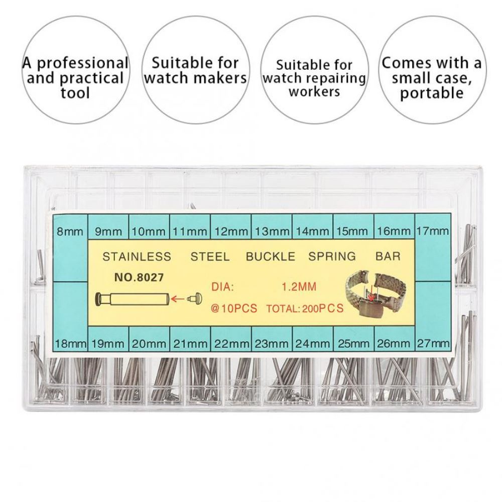 200pcs 8-27mm spring bars for secure, adjustable watch band replacements. Durable and reliable pins.