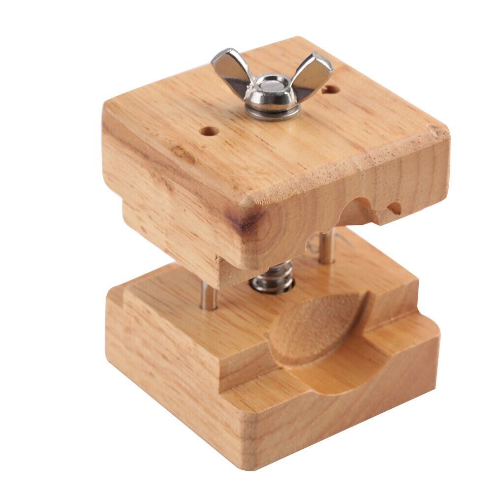 Wooden watch case holder block, perfect for stable watch repair and maintenance tasks.