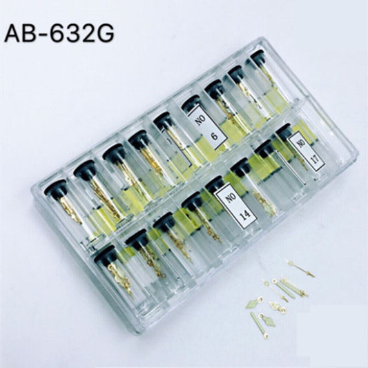 Luminous gold watch hands kit AB-632G featuring 17 sizes for precise watch repair and customization.