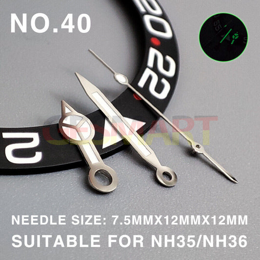 Green luminous 12mm watch hands with silver trim for Miyota NH35/NH36/NH38 movements.