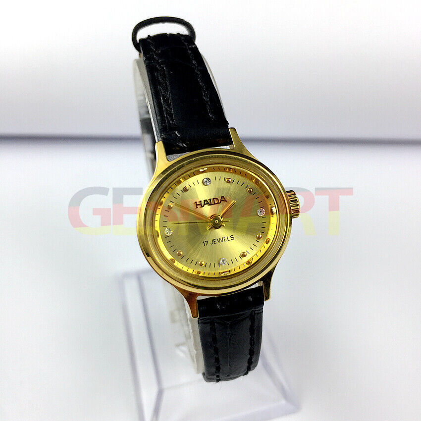 24mm HAIDA mechanical lady watch with oval gold case and imitation diamond accents, elegant accessory.