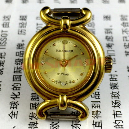 22mm Shanghai Lady Watch with golden nail markers and round golden case, manual mechanical movement.