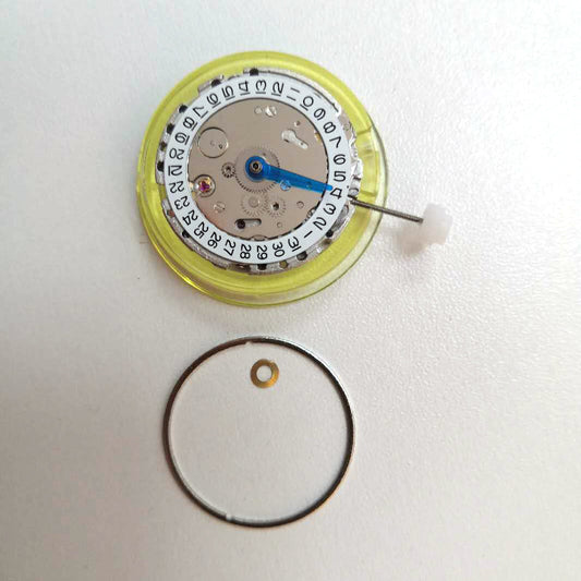 China Made 3804 GMT watch movement showing automatic mechanical date adjustment with 4 hands by brand name.