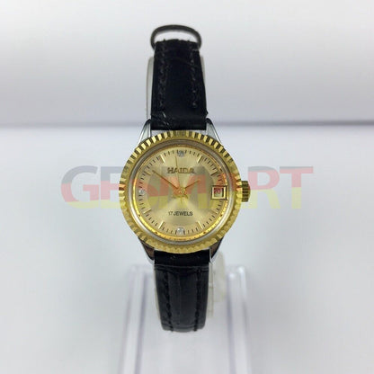 HAIDA 23mm women's mechanical watch with golden nail accents, 17 jewels, and round gold case for elegant style.