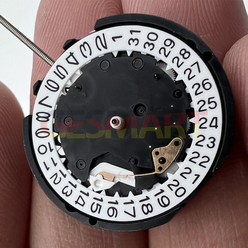 Sunon PE81 quartz watch movement with 3 hands, date at 3, small seconds at 6 and 9 positions.