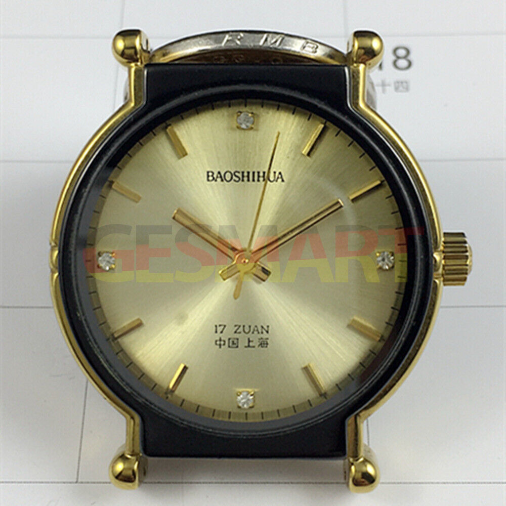 Shanghai 37mm manual mechanical watch with golden nails, black case, and golden dial for classic style.