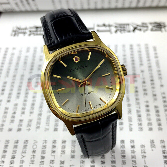 Shanghai 34mm manual mechanical watch with golden nail markers, green dial, round case, 17 jewels.