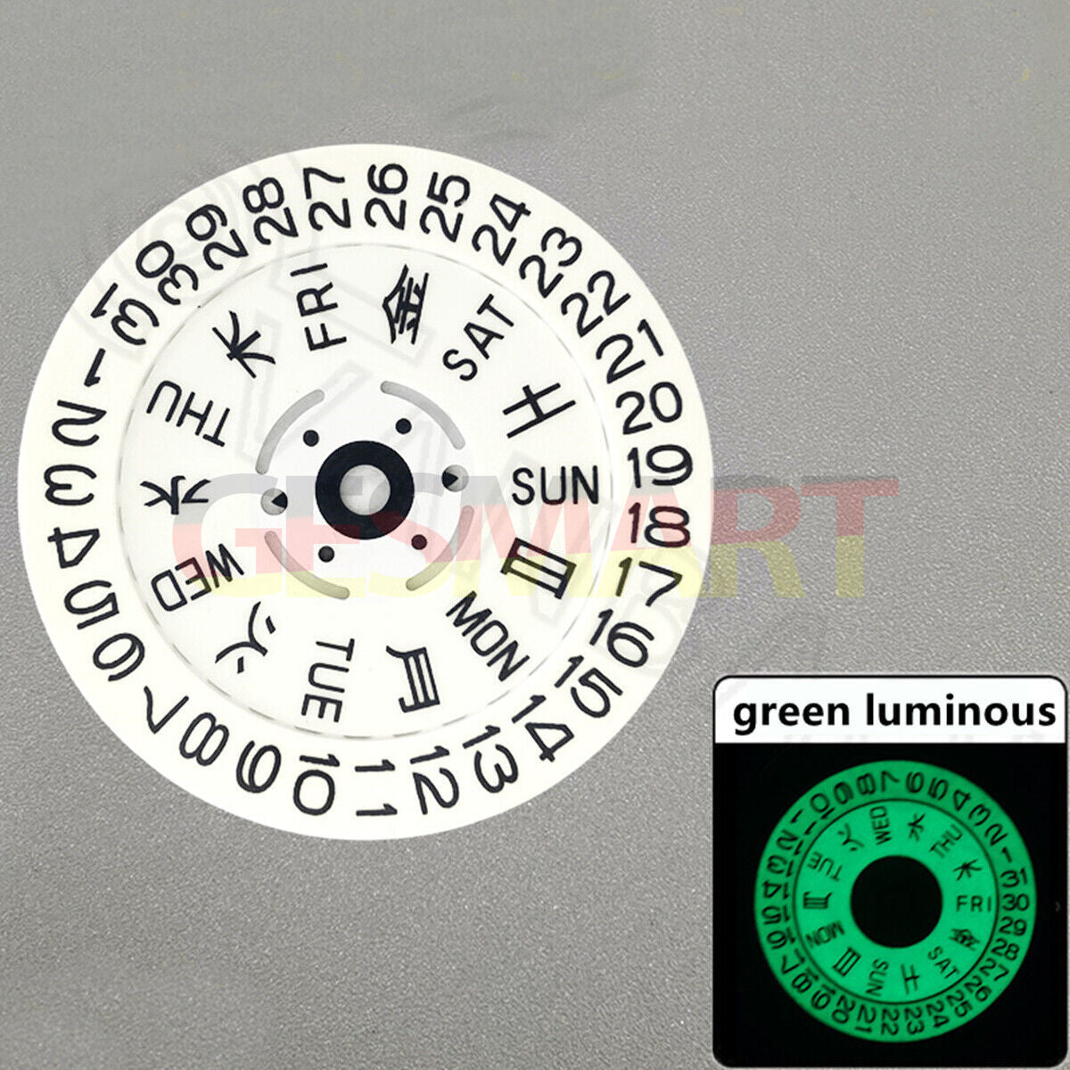 Green lume watch dial with white date and week wheels for NH36 movement, Japanese font style, brand quality.