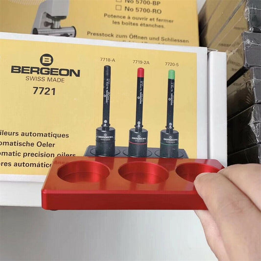 Stand holder for 7718, 7719, 7720 automatic precision oilers, ideal for watch repair desks.