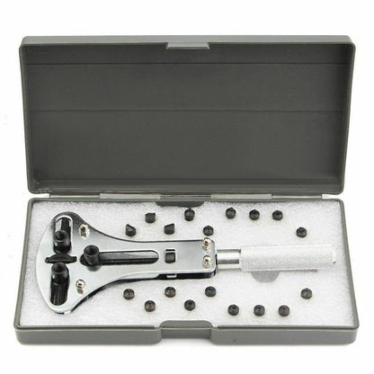 Adjustable 55cm watch back case opener wrench with 18 bits for precise watch repair and battery replacement.