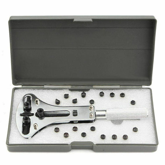 Adjustable 55cm watch back case opener wrench with 18 bits for precise watch repair and battery replacement.