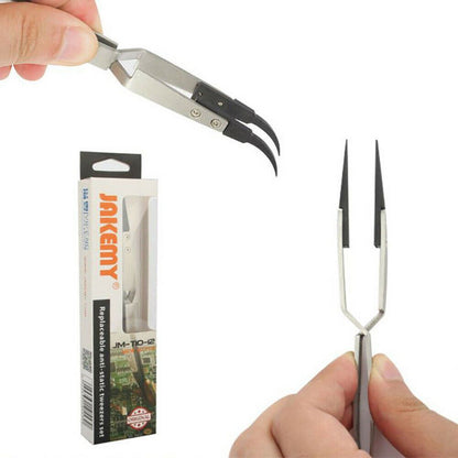 JM-T10-12 Steel Precision anti-static tweezers for ESD-safe iPhone repair and electronics assembly.