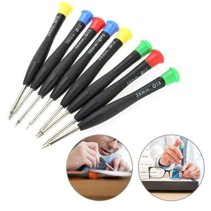 Set of 8 precision electronic watch screwdrivers for detailed watch and jewelry repair tasks.