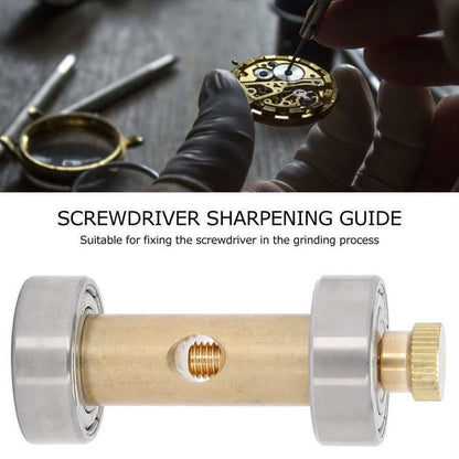 Copper screwdriver sharpener tool branded for watchmakers and jewelers, perfect for precise watch repair tasks.