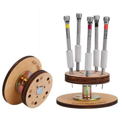1. Set of 5 steel watchmaker screwdrivers with rotary stand base for precision repairs.