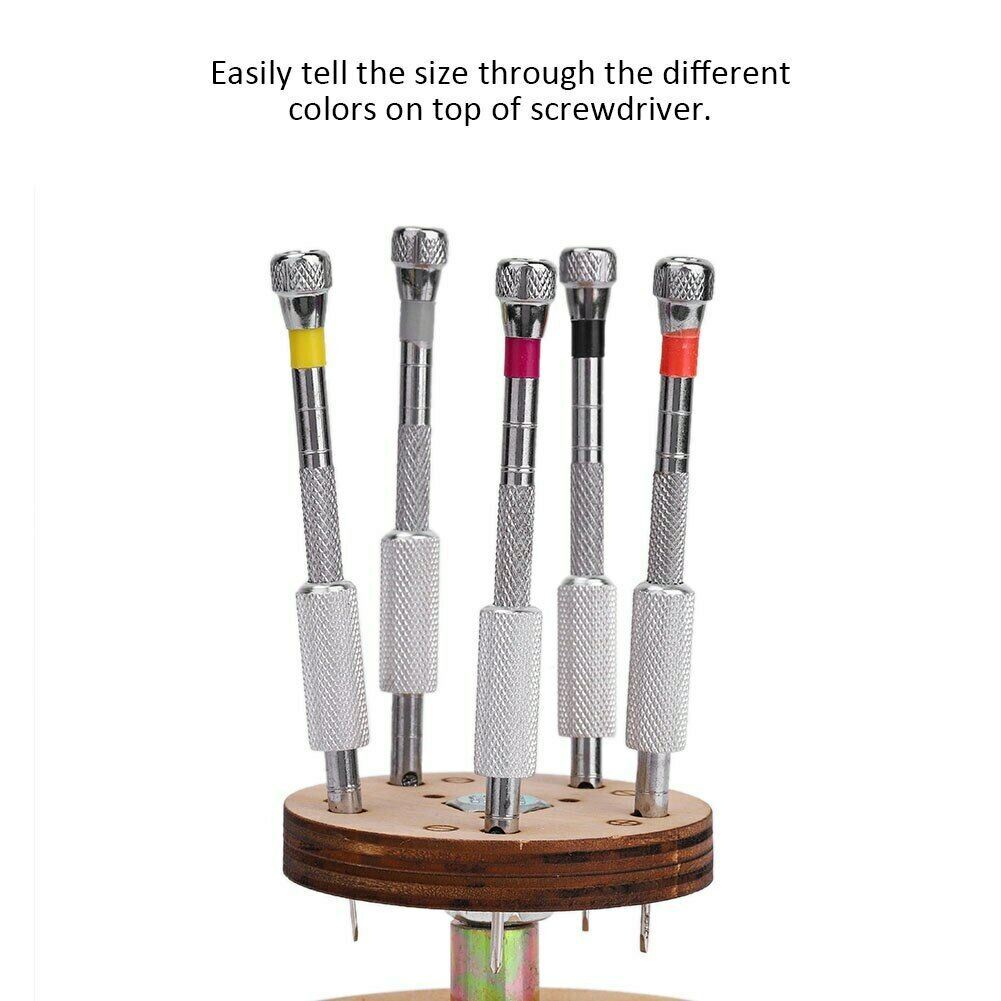 Set of 5 steel watchmaker screwdrivers with rotary stand for precise watch and jewelry repairs.