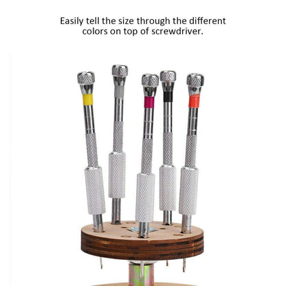 Set of 5 steel watchmaker screwdrivers with rotary stand base for precise watch accessory repairs.