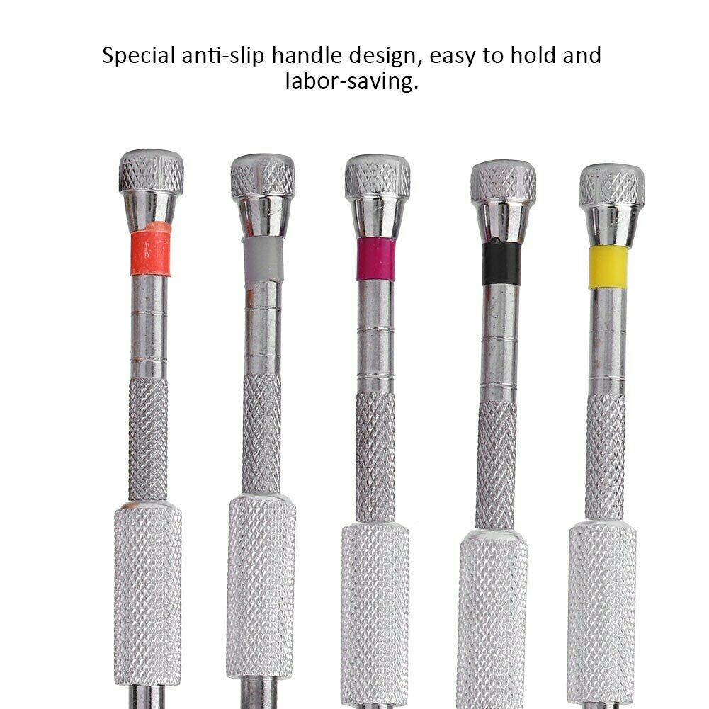 Set of 5 steel watchmaker screwdrivers on rotary stand base for precise watch repairs and adjustments.