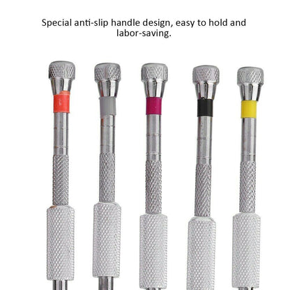 Set of 5 steel watchmaker screwdrivers on rotary stand base for precise watch repairs and adjustments.