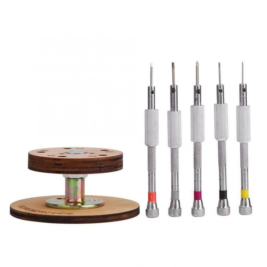 Set of 5 steel watchmaker screwdrivers with rotary stand, ideal for precise watch repairs.