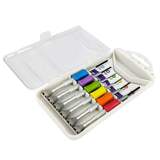 Magnetic screwdriver set with slotted and Phillips tips for watch and eyeglass repairs.