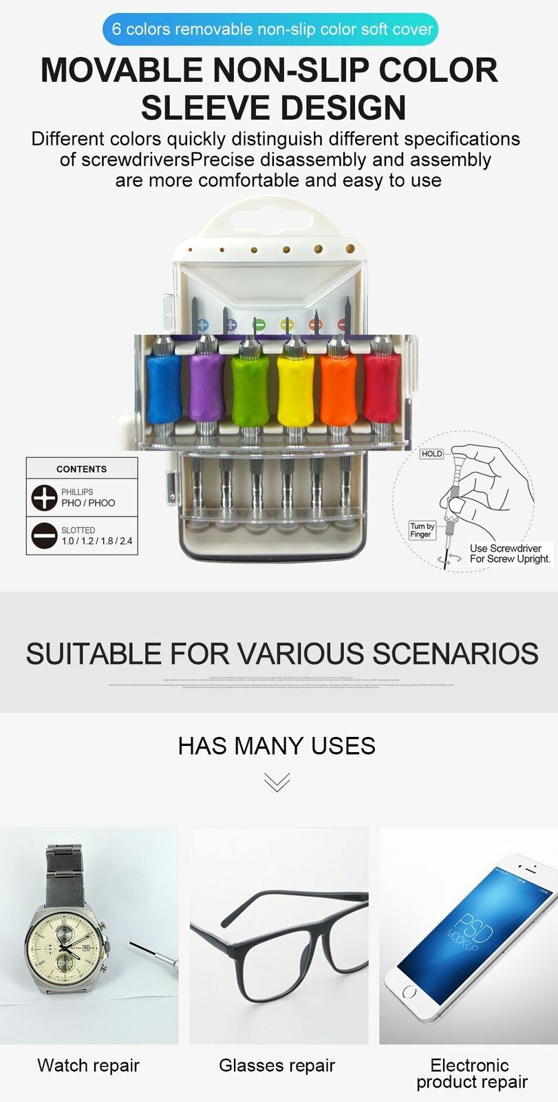 Magnetic screwdriver set with slotted and Phillips tips for watch and eyeglasses repair.