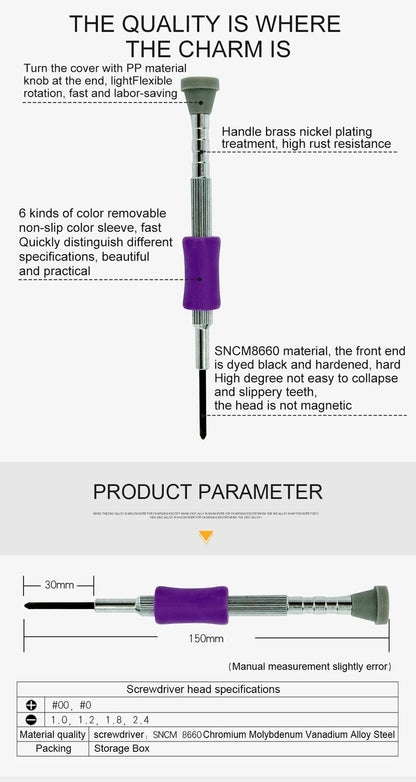 Magnetic screwdriver set with slotted and Phillips tips for precise watch and eyeglass repairs.