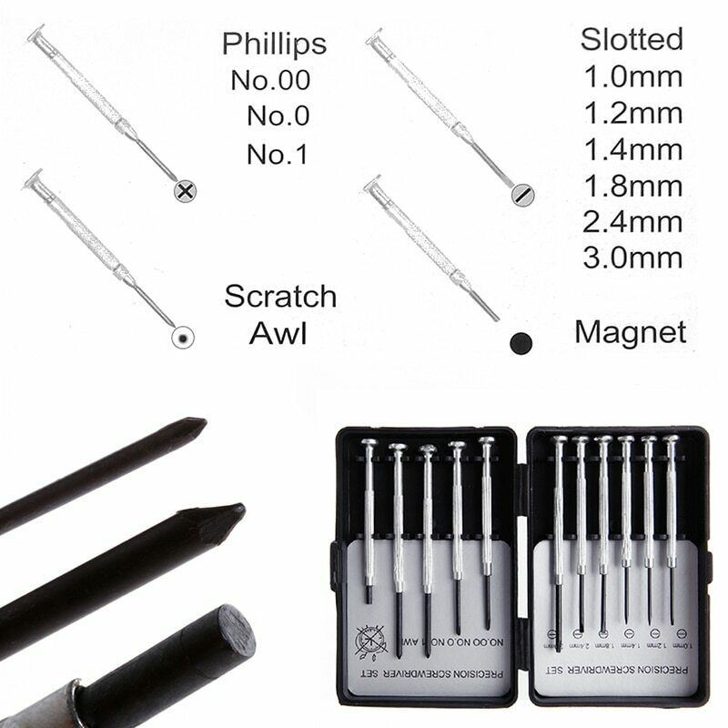 11-piece micro screwdriver set for precise watch and jewelry repairs, compact and durable tools.