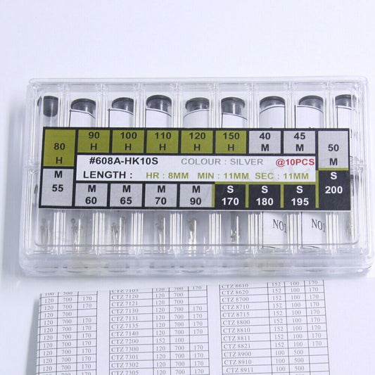 180PCS silver hour, minute, and second hands set for watch repair, precise replacement parts.