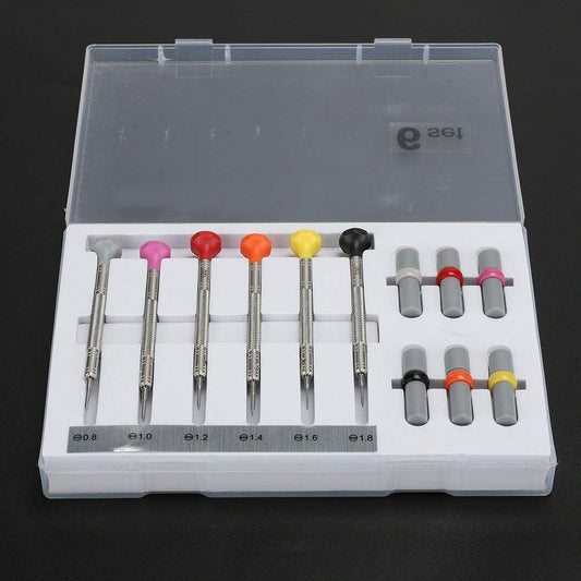 Set of 6 precision screwdrivers with 12 spare heads for mobile phone and laptop repairs, branded for quality.