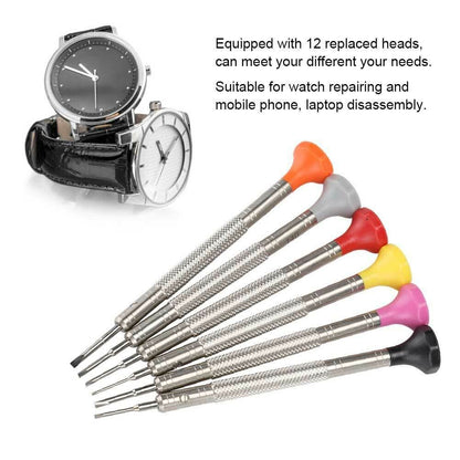 6PCS screwdriver set with 12 spare heads for precise mobile phone and laptop repairs.