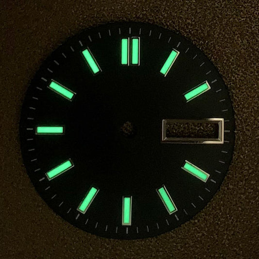 28.5mm luminous watch dial for NH35 movement, perfect replacement part for precision timekeeping.