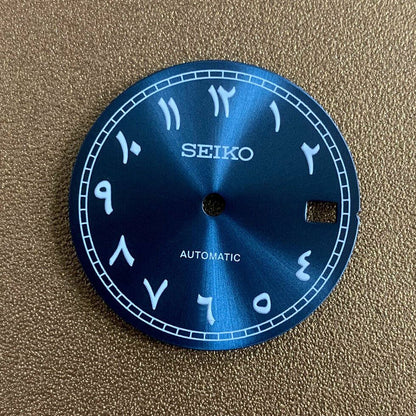 Luminous 28.5mm Arabic font watch dial for NH35 movement, ideal for precise watch repairs.