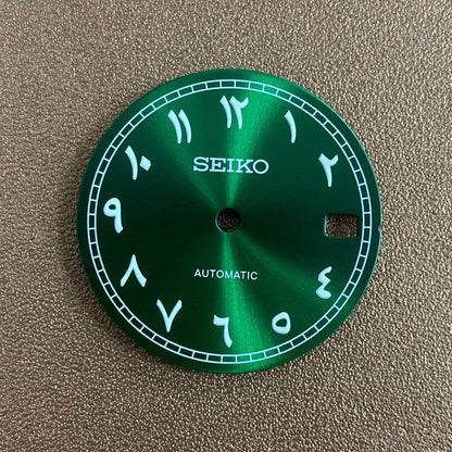 Luminous 28.5mm Arabic font watch dial for NH35 movement, perfect for precise watch repairs.