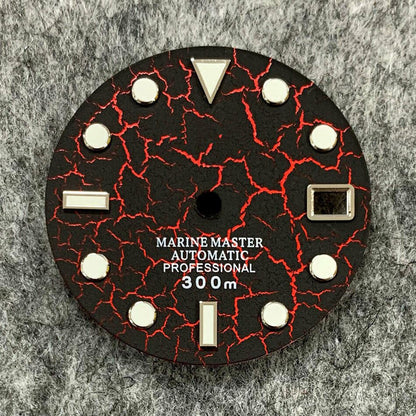 28.5mm crackle watch dial with luminous markers, compatible with NH35 movement for accurate timekeeping.