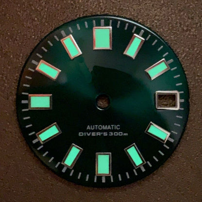 28.5mm C3 green luminous watch dial designed for NH35 NH36 movement watches.