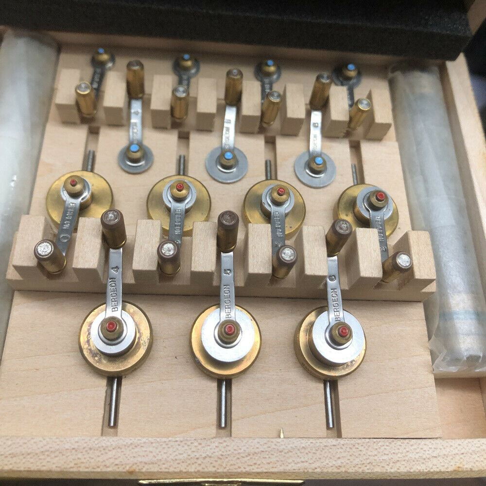 Bergeon 5355 mainspring winder set in wooden box, Swiss made precision tool for watch repairs.