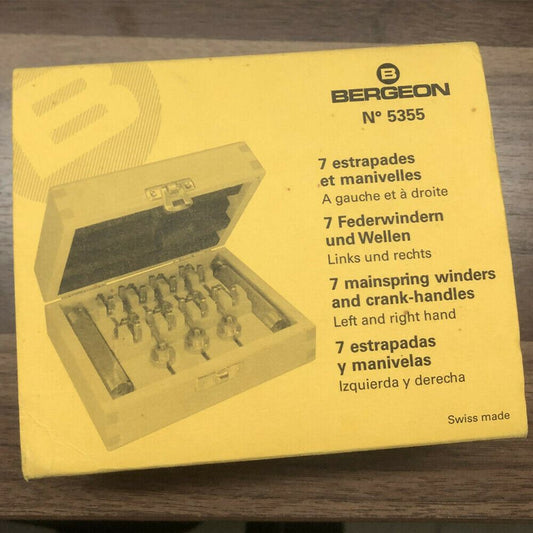 Bergeon 5355 mainspring winder set in wooden box, Swiss made precision tool for watch repairs.