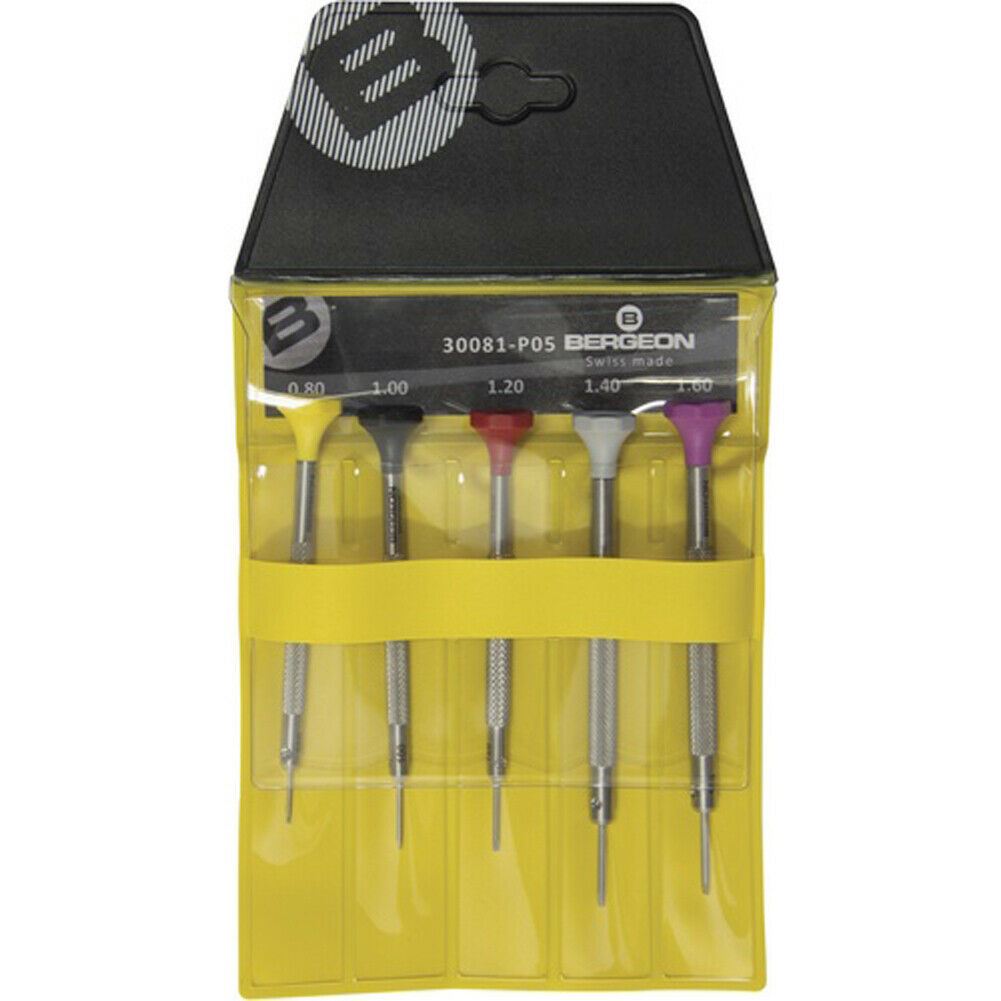 Bergeon 30081-P05 ergonomic screwdriver set of 5 for precise watch assembly and repair.