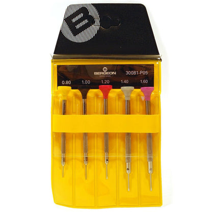 Bergeon 30081-P05 ergonomic screwdriver set with 5 precision tools for watch assembly and repair.