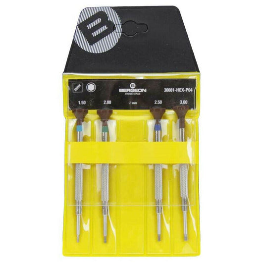 Set of 4 Bergeon 30081-HEX-P04 hex blade screwdrivers for precise watchmaker repairs.