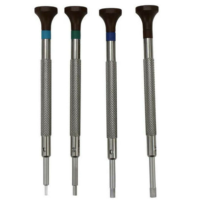 Set of 4 Bergeon 30081-HEX-P04 hex blade screwdrivers for detailed watchmaker repairs and adjustments.