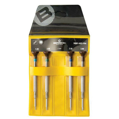 Bergeon 30081-HEX-P04 set of 4 hex screwdrivers for precise watch repair and assembly tools.