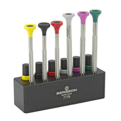 Bergeon 7778 precision 6-piece screwdriver set with spare blades and sturdy stand for watch repair tasks