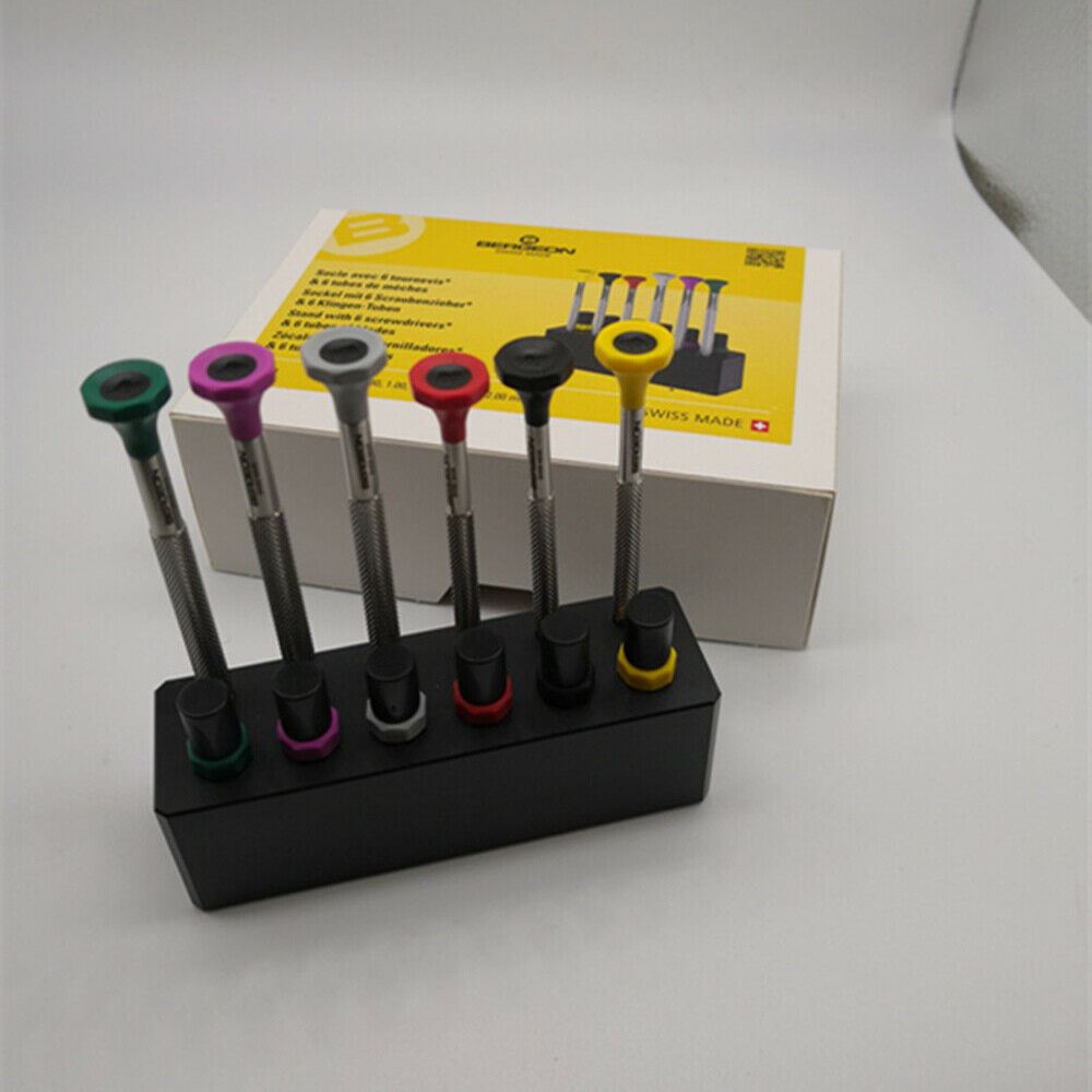 Bergeon 7778 6-piece watch screwdriver set with spare blades and stand for precise watch repairs